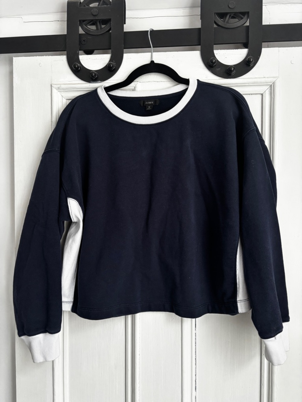 J. Crew Cropped Navy Sweatshirt with White Accents Size M